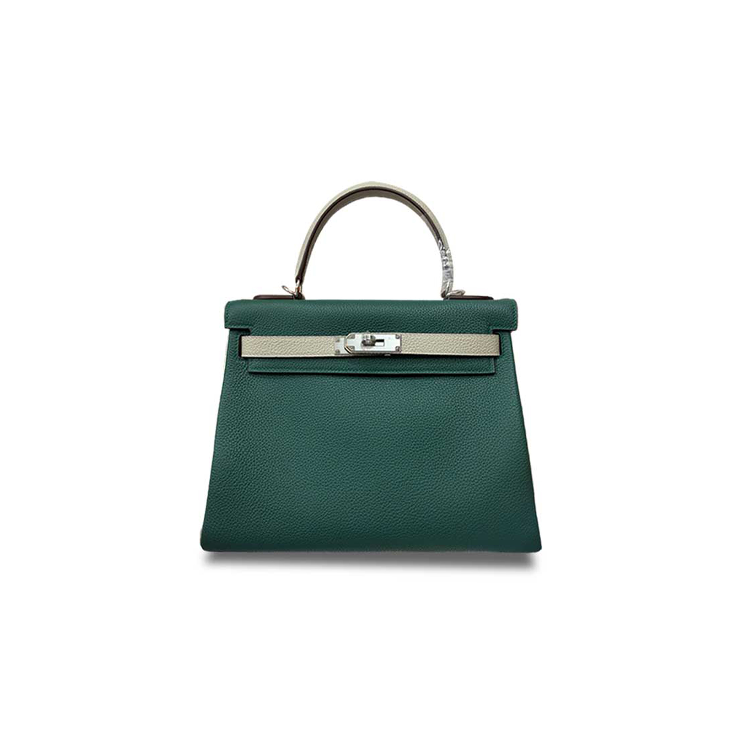 H**mes master kelly 25 togo color matching malachite green milkshake white silver buckle (25*17*7cm)